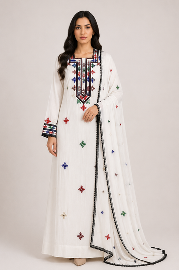 Noor Al Khaleej Luxury Hand Embroidered Mukhawar with Embellished Shaila – Egg White | Premium Korean Crepe